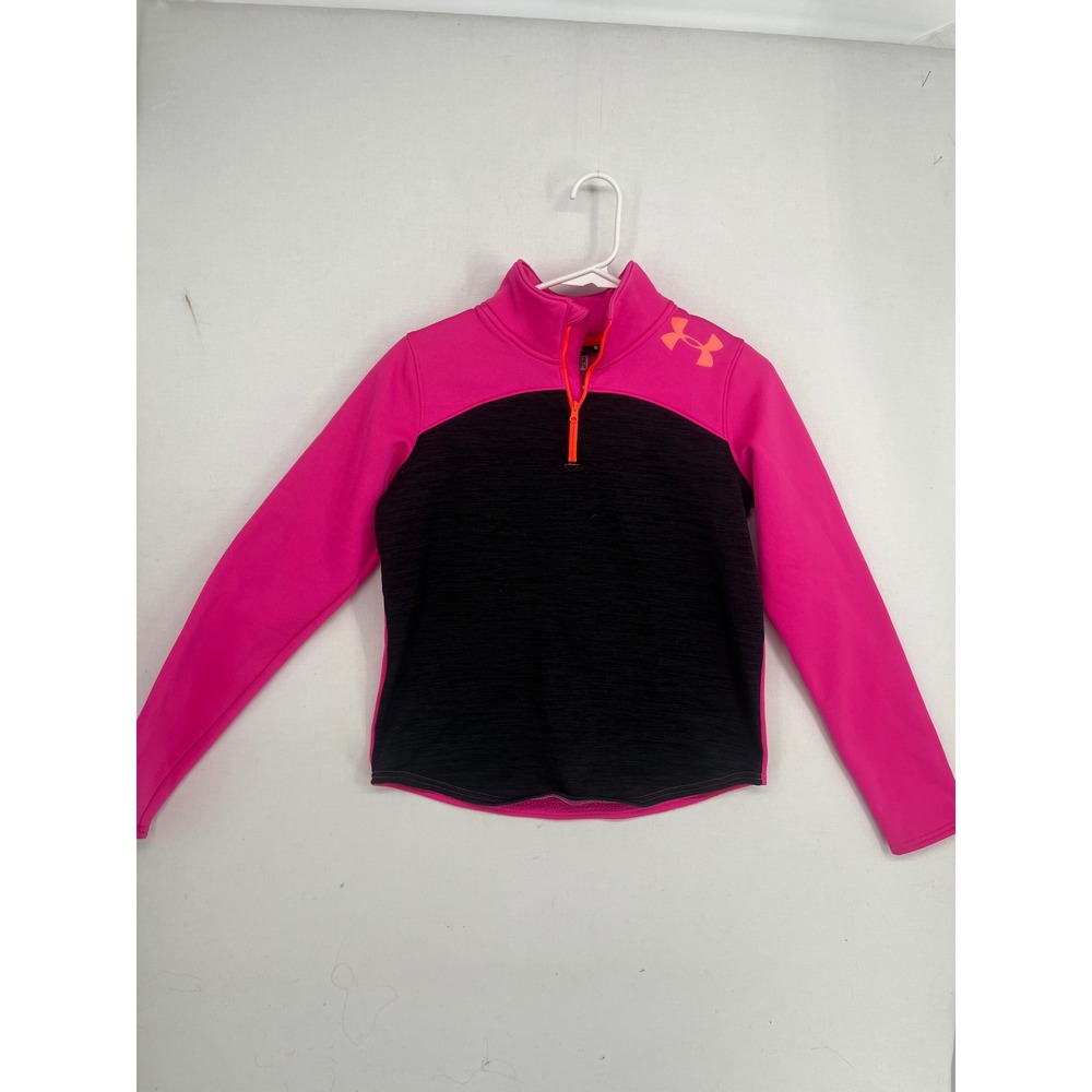 Under Armour Girls Pink Black 1/4 Zip Pullover Fleece Lined Active Top Large